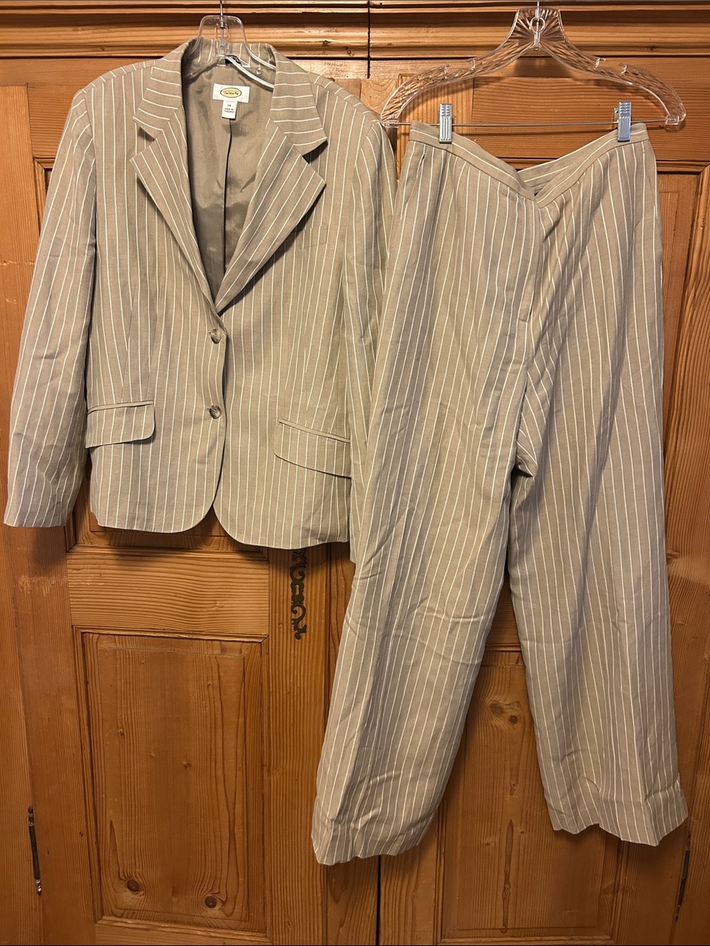 Talbots Beige Linen Pinstripe Two-Piece Pantsuit Jacket Wide Leg Trousers